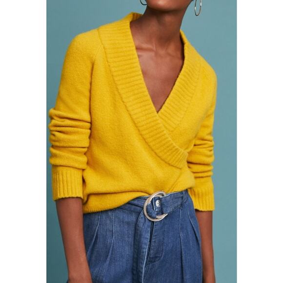 Anthropologie ett-twa Tessa Wrap Sweater Medium Mustard V-Neck Wool Alpaca Knit - Picture 1 of 6